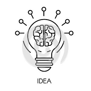 Idea symbol, light bulb and brain isolated outline icon