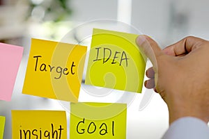 Idea,target,insight,goal, business strategy planning words on sticky note paper in hand writing, success in business concept