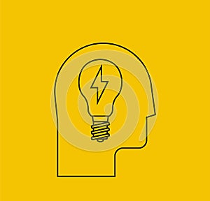 Idea. Thin line icon of the human head silhouette with bulb lamp inside. New idea icon concept. Vector illustration