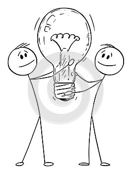 Idea, Two Men or Businessmen Holding Light Bulb. Vector Cartoon Stick Figure Illustration