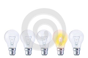 Idea or uniqueness, originality concept, Image of a row of electric bulb with one different from the others