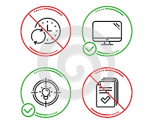 Idea, Update time and Computer icons set. Handout sign. Solution, Refresh clock, Pc component. Vector