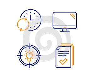 Idea, Update time and Computer icons set. Handout sign. Solution, Refresh clock, Pc component. Vector