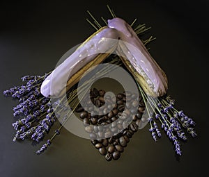Idea for Valentine`s Day - cakes, grains of coffee and lavender