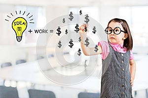 Idea and work can make lots of money equation draw by cute little girl. Office background.