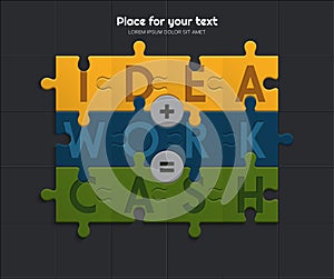 Idea and work is equal to financial success. Illustration of puzzle pieces. Vector.