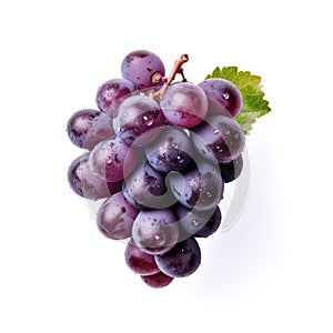 Ideal tasty purple fresh grape, with green leaf isolated on a white background, generative AI