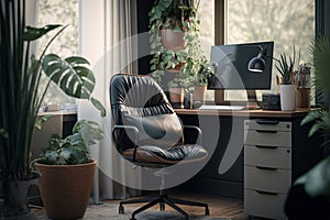 Ideal Home Office Setup: PC, Kojan Chair, Plants, Natural Light, High Resolution. AI