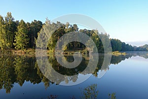 Ideal landscape. Autumn day. Lake in the forest