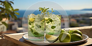 An ideal summer day on a terrace with a cool mochito, decorated with mint and Lumem Lime, creates