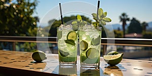 An ideal summer day on a terrace with a cool mochito, decorated with mint and Lumem Lime, creates