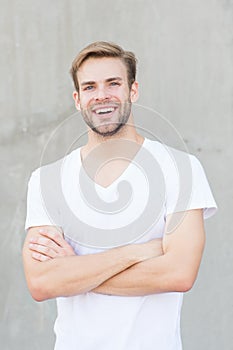 Ideal traits that make man physically attractive. Bearded guy casual style close up. Charming smile. Male beauty