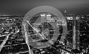 Frankfurt am Main skyline at night in black and white photo