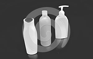 Ideal for your toiletries. Plastic bottles pink background. Multicolor toiletry bottles. HDPE