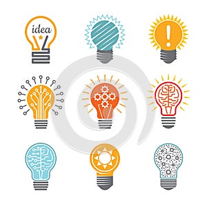Ideas bulb symbols. Creative tech innovation electrical icon for business logotype vector colorful various templates