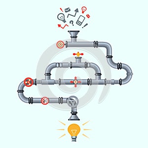 Ideas generator. Idea generation machine, industry pipeline factory machines with lighting lamp. Business process vector concept