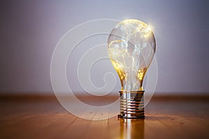 Ideas and innovation: Light bulb with LEDs is lying on the wooden floor. Copy space