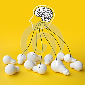 Ideas inspiration concepts with brain in head and group of lightbulb on pastel color background.Business creativity