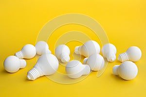 Ideas inspiration concepts with group of lightbulb on pastel color background.Business creativity