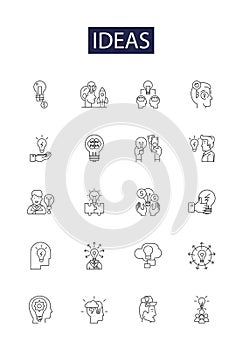 Ideas line vector icons and signs. Thoughts, Notions, Imagination, Proposals, Beliefs, Plans, Strategies, Vision outline