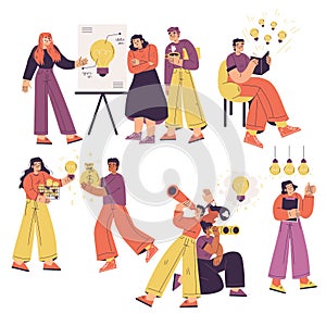 Ideas with Man and Woman with Yellow Light Bulb Finding Solution Vector Set