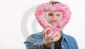 Ideas for romantic celebration valentines day. Romantic macho. Hipster hold heart white background. Man with beard