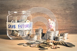Ideas of saving money for the future with coins and piggy bank