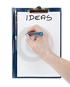 Ideas sign on an empty document in a clipboard