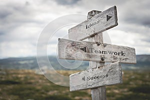 Ideas, teamwork and success signpost outdoors in nature.
