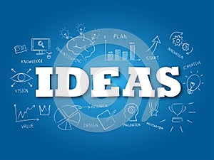 Ideas word on light blue background. Vector illustration