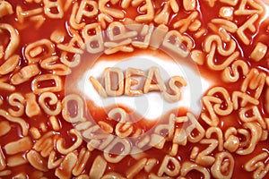 Ideas written in spaghetti pasta letters surrounded with jumbled letters