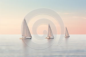 Identical triple sailboats gliding on the sea