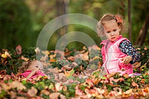 Identical twins having fun with autumn leaves in the park, blond cute curly girls, happy kids, beautiful girls in pink jackets