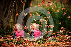 Identical twins having fun with autumn leaves in the park, blond cute curly girls, happy kids, beautiful girls in pink jackets