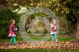 Identical twins having fun with toys and leaves in autumn in the park, blond cute curly girls, happy girls,beautiful girls in pink