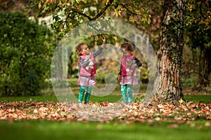 Identical twins having fun with toys and leaves in autumn in the park, blond cute curly girls, happy girls,beautiful girls in pink