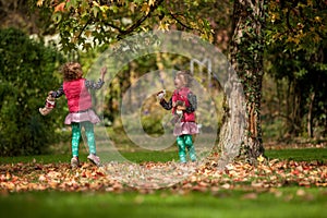 Identical twins having fun with toys and leaves in autumn in the park, blond cute curly girls, happy girls,beautiful girls in pink