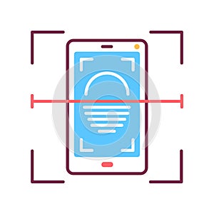 Identification face on smartphone color line icon. Scanning app on screen. ID and verifying person concept. Biometric security