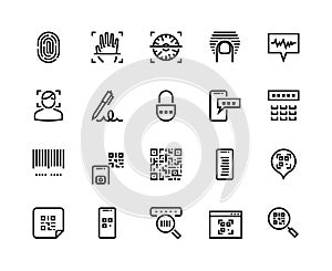 Identification line icons. Biometric sensor, face recognition and fingerprint scanner icons. Vector authentication and