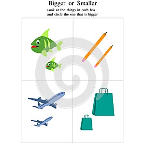 Identify Bigger or Smaller objects - fish, pencil, aeroplane, bags