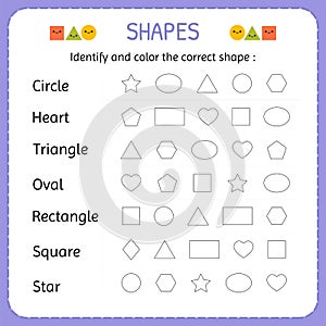 Identify and color the correct shape. Learn shapes and geometric figures. Preschool or kindergarten worksheet photo
