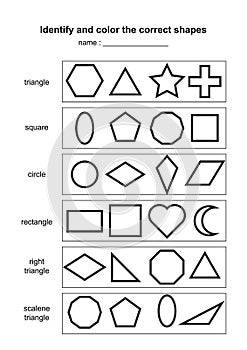 Identify and color the correct shapes. educational geometric shapes game. printable learning material for kids . black and white p