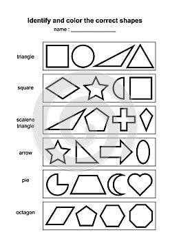 Identify and color the correct shapes. educational geometric shapes game. printable learning material for kids . black and white p