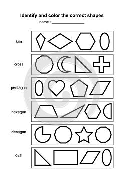 Identify and color the correct shapes. educational geometric shapes game. printable learning material for kids . black and white p