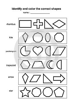 Identify and color the correct shapes. educational geometric shapes game. printable learning material for kids . black and white p