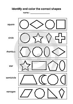 Identify and color the correct shapes. educational geometric shapes game. printable learning material for kids . black and white p