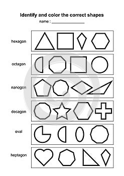 Identify and color the correct shapes. educational geometric shapes game. printable learning material for kids . black and white p