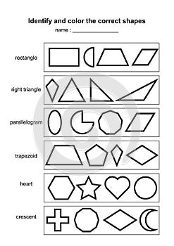 Identify and color the correct shapes. educational geometric shapes game. printable learning material for kids . black and white p