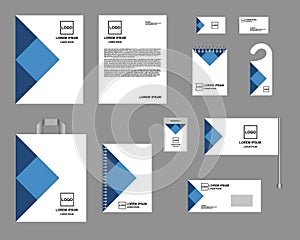 Identity, corporate style. Set of templates for design, vector. Blue and white color, design with squares and triangles