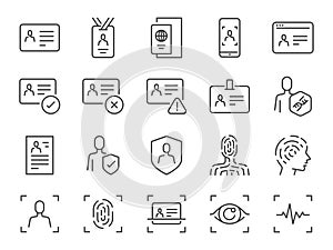 Identity icon set. It included ID card, passport, driving license, authorization, and more icons. Editable Vector Stroke. photo